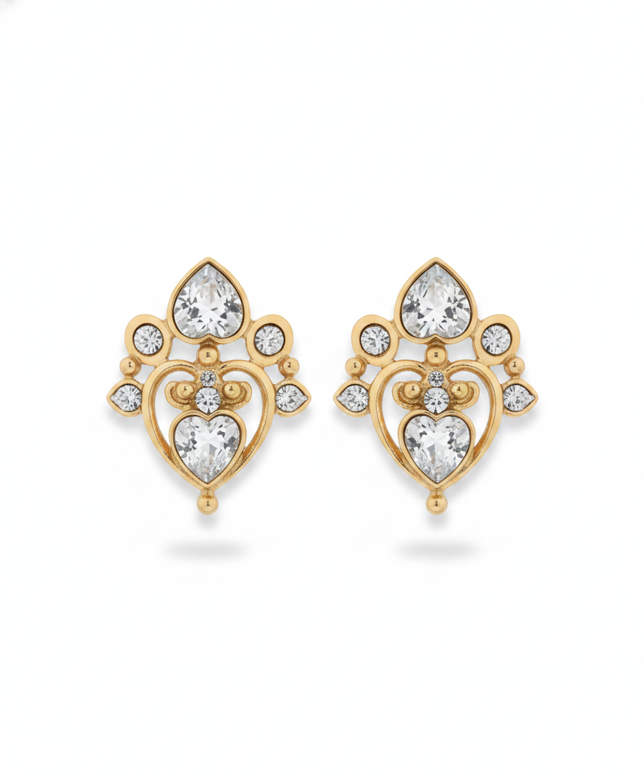 Christian Dior Vintage 1980s Baroque Crystal Heart Clip-On Earrings with Blue Feather Drop, Gold Tone