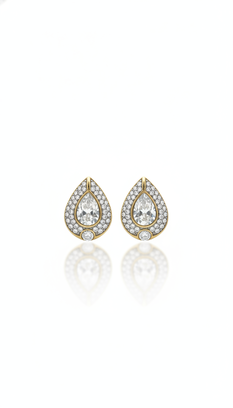 LES BERNARD Signed Vintage 1980s Pear Teardrop Pavé Rhinestone Gold Tone Clip-On Earrings — Retro Crystal Statement
