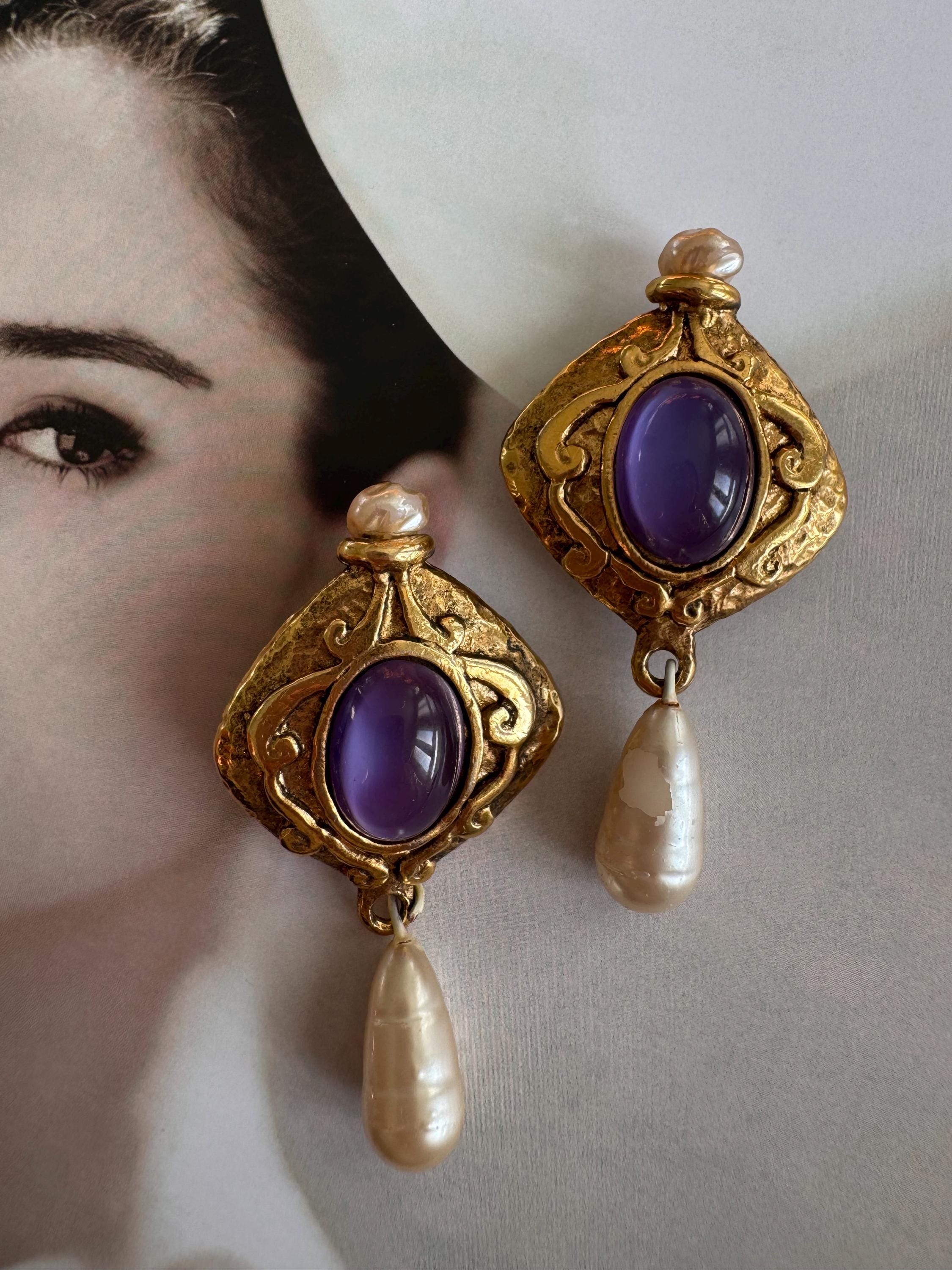RARE Vintage Emanuel Ungaro Gold and Lavender Cabochon Drop Earrings