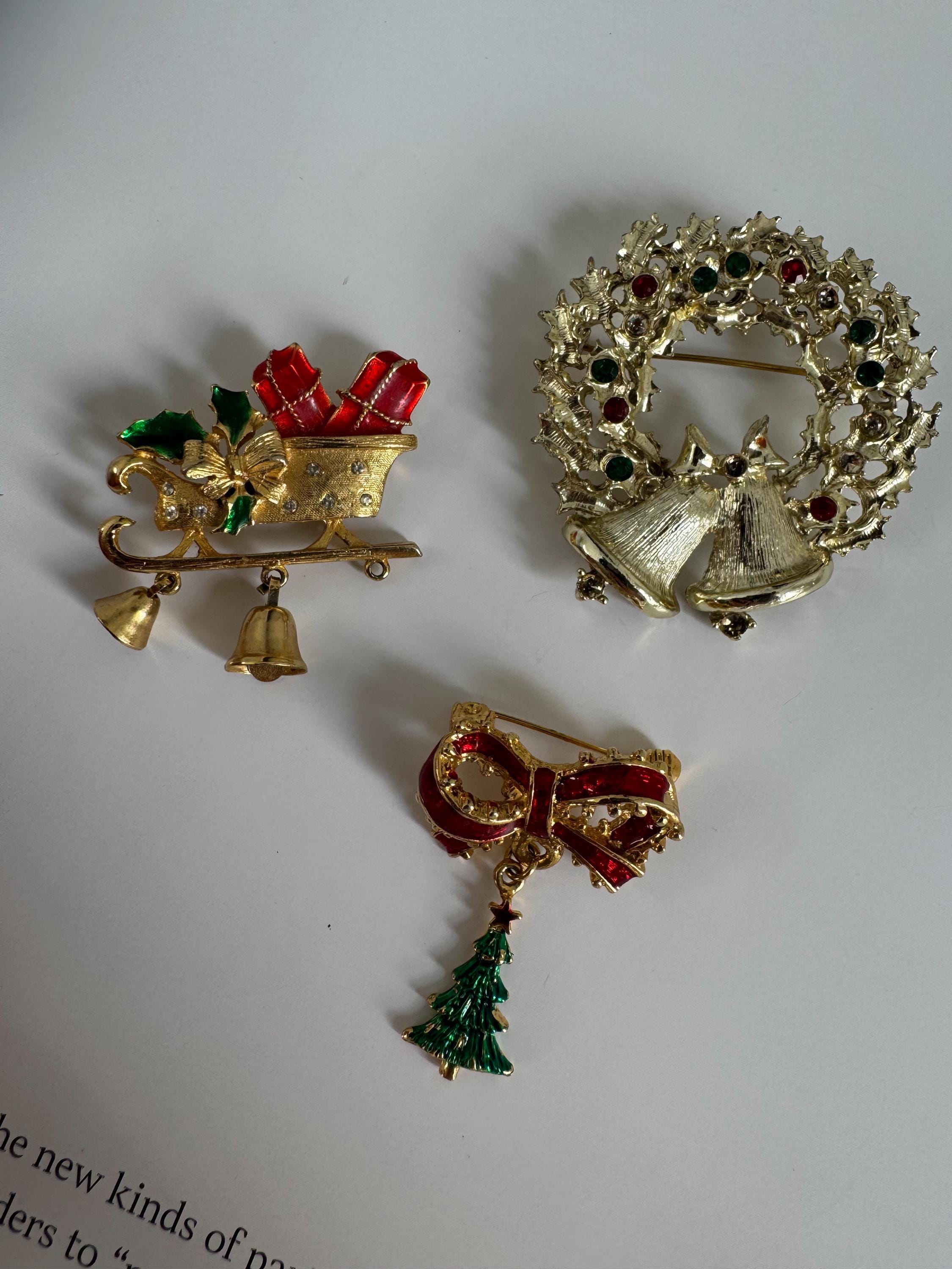 Three Christmas Vintage Gold Tone Brooches Set