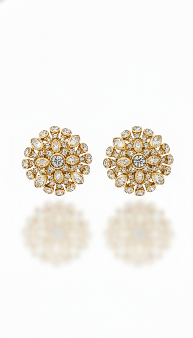 Vintage Christian Dior Signed Gold Tone Pave Crystal Sunburst Cluster Clip-On Earrings | 1970s–80s Runway Couture Statement Jewelry