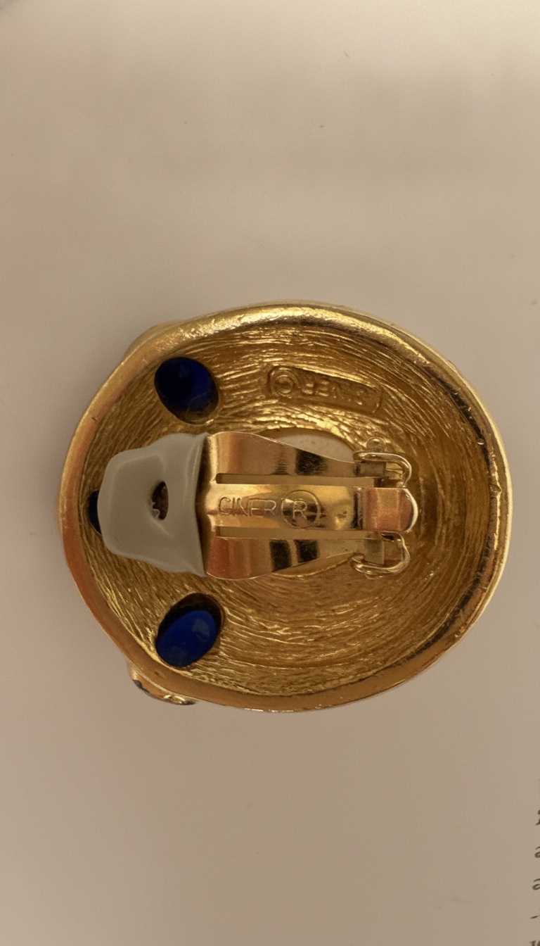 Vintage CINER Signed Gold-Tone Clip Earrings — Faux Mabe Pearl, Sapphire Cabochons & Pavé Crystal Rhinestones, 1980s Hollywood Regency view 4