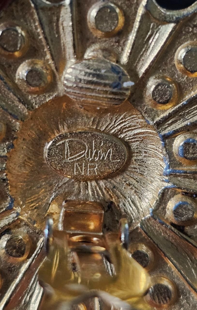 Vintage David Dubin NR Signed 1980-90s Sunburst Earings| Matte Gold Tone, Blue Cabochon & Clear Rhinestones | Designer Costume Jewelry Pin view 3