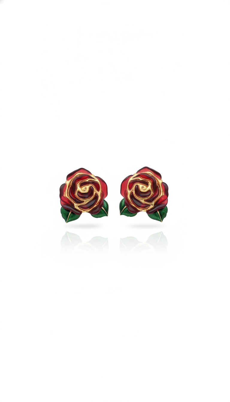 Vintage Emanuel Ungaro Paris Red Enamel Rose Clip-On Earrings | Signed 1980s French Couture Floral Statement Jewelry