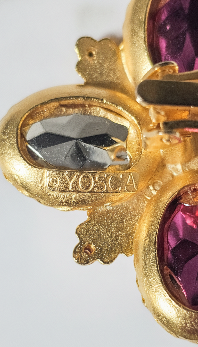 Vintage GERARD YOSCA Floral Clip-On Earrings | 1980s–90s Statement Jewelry | Amethyst & Pink Glass Cabochon Crystal Flower | Signed YOSCA Gold Tone view 4