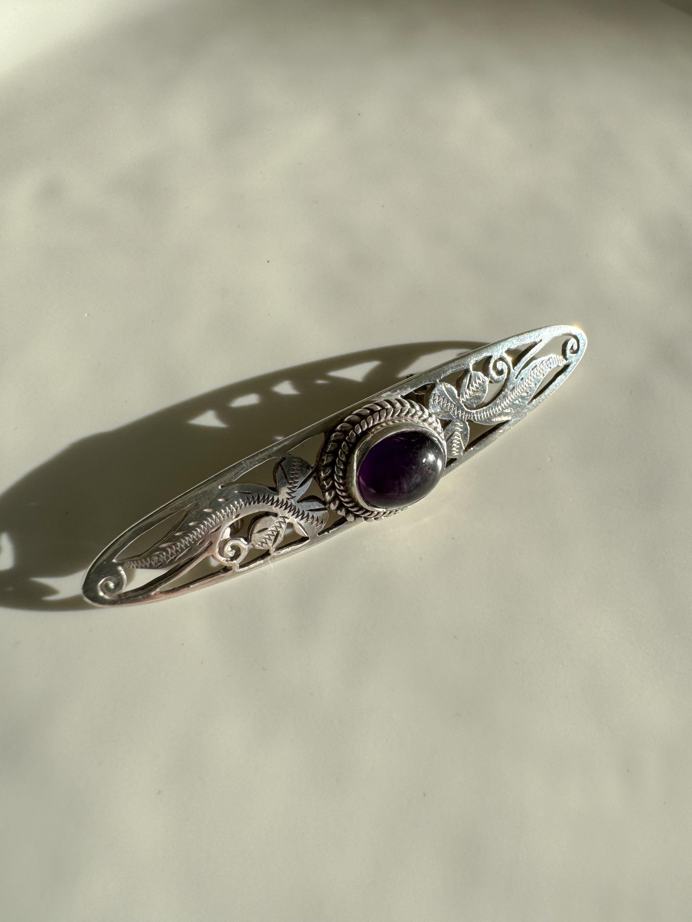 Vintage Sterling Silver Onyx Bar Brooch
