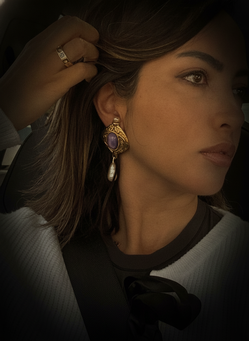 Vintage Victorian Revival Gold Repousse Amethyst Cabochon Baroque Pearl Drop Earrings view 2